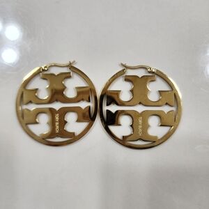 Tory Burch Polished Gold Double-T Hoop Earrings 2"